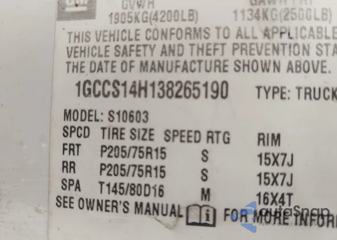 2003 Chevrolet S-10 from USA, damaged, VIN 1GCCS14H138265190